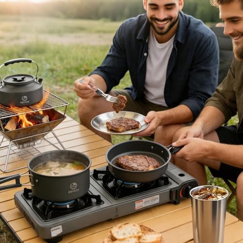 Camping Cookware Set 17 pcs Camping Cooking 0.30G Kettle 0.45G Pot 7 in Pan and 2pcs Stainless Steel Cups Plates Forks Knives Spoons Bag for 1-2 People Backpacking Hiking Picnic