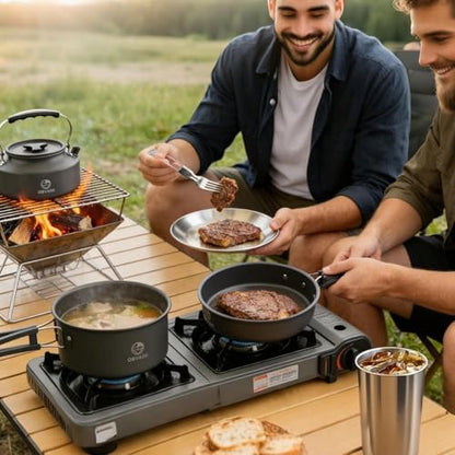 Camping Cookware Set 17 pcs Camping Cooking 0.30G Kettle 0.45G Pot 7 in Pan and 2pcs Stainless Steel Cups Plates Forks Knives Spoons Bag for 1-2 People Backpacking Hiking Picnic