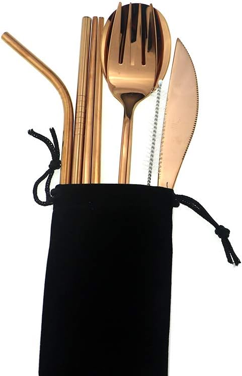 7 Pcs Portable Flatware Set, 304 Stainless Steel Cutlery Set Travel Utensils Set w/Pouch Fork Spoon Chopsticks Straws for Travel Camping Office School, Dishwasher Safe & Eco-Friendly (Rose Gold)