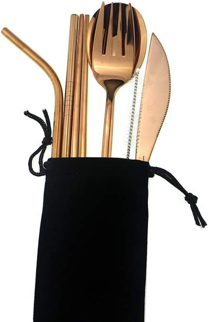 7 Pcs Portable Flatware Set, 304 Stainless Steel Cutlery Set Travel Utensils Set w/Pouch Fork Spoon Chopsticks Straws for Travel Camping Office School, Dishwasher Safe & Eco-Friendly (Rose Gold)