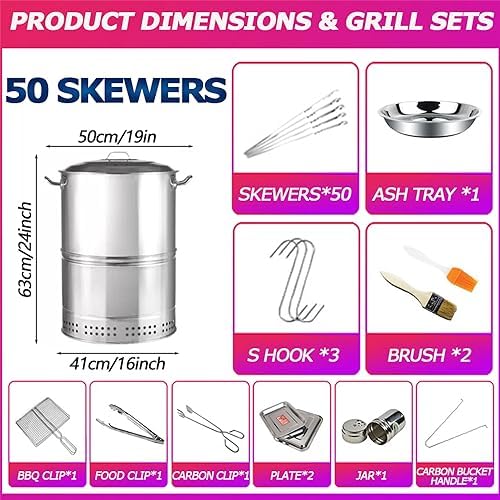Large Portable Charcoal Grills, Stainless Charcoal BBQ Grill Barrel 360° Smokeless Outdoor Barbecue Grill for Travel, Outdoor Cooking and BBQ, Camping Grill Picnic Patio Backyard