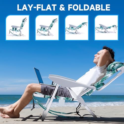 2 Pack Lightweight Portable Camping Beach Chair for Adults, Outdoor Lay Flat Folding Beach Chairs with 5 Positions, Backpack Beach Chair with Towel Bar, Zipper Pouch, Cup Holder, Green Leaves