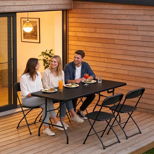 6FT Folding Table, Heavy Duty Plastic Fold-in-Half Utility Table with Handle, Portable Camping Picnic Table with Steel Legs for Indoor Outdoor Party, Dining, Black,2 Pack