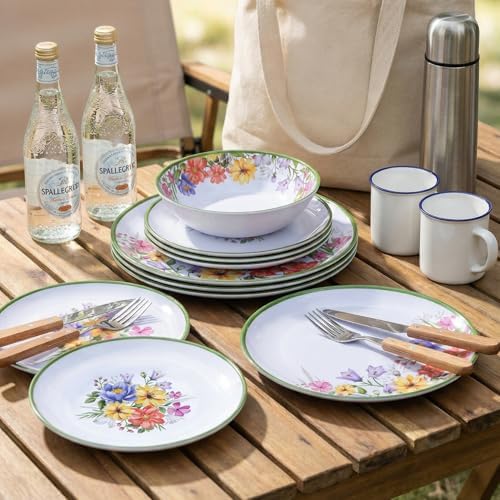 12-Piece Floral Melamine Dinnerware Sets, Green Camping Dishes Set