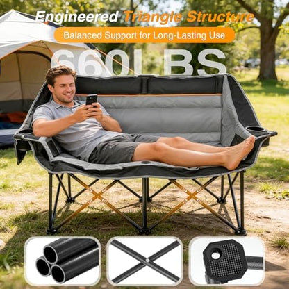 Suteck Double Camping Chair, 660lbs Oversized Camping Couch w/Independent Seats, Folding Camping Loveseat w/2 Cup & Wine Glass Holders, 1200D Oxford, Side Pocket & Carry Bag, for Camping, Lawn, Patio