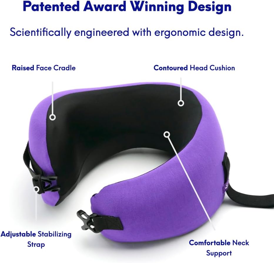 C CUSHION LAB Travel Pillow, Award-Winning Patented Ergonomic Design for Chin & Neck Support Memory Foam Neck Pillow, Compact Airplane Pillow for Traveling, Flight, Car (Royal Purple, Medium)
