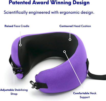 C CUSHION LAB Travel Pillow, Award-Winning Patented Ergonomic Design for Chin & Neck Support Memory Foam Neck Pillow, Compact Airplane Pillow for Traveling, Flight, Car (Royal Purple, Medium)