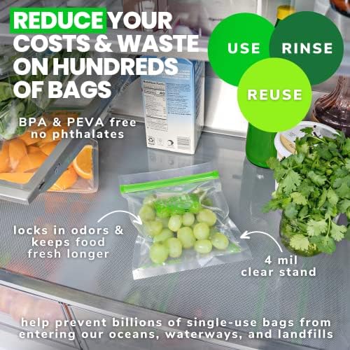 Smelly Proof 10 x Expandable Stand & Fill REUSABLE Storage Bags for Food Designed & Mfg in US, BPA FREE, NO PEVA, Reusable Sandwich Bags, Dishwasher-Safe, Clear 3 mils STAND UP 6.5" x 7.5" - 10pk