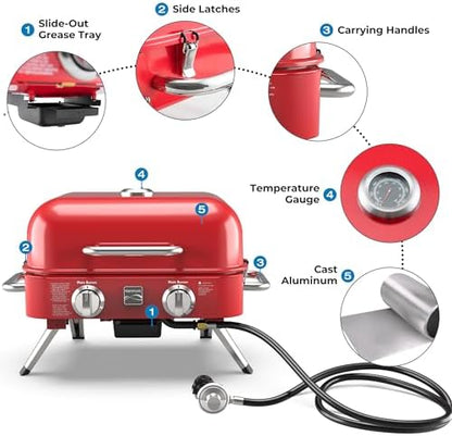 Kenmore Portable Propane Gas Grill - Tabletop BBQ Grill with Warming Rack, 2 Stainless Steel Burners with 14,000 BTUs, for Outdoor Kitchen, Camping, Red