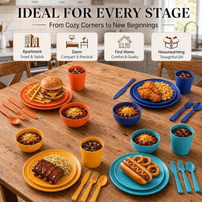 28 Piece Plates and Bowls Sets for 4, Kitchen Dinnerware Sets, Plastic