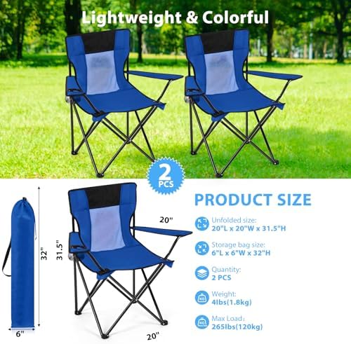 Shellwei 2 PCS Folding Camping Chair with Cupholder and Carry Bag Regular Size Colorful Breathable Portable Lightweight Lawn Chair with Side Pocket for Fishing Hiking Beach Outdoor Activity