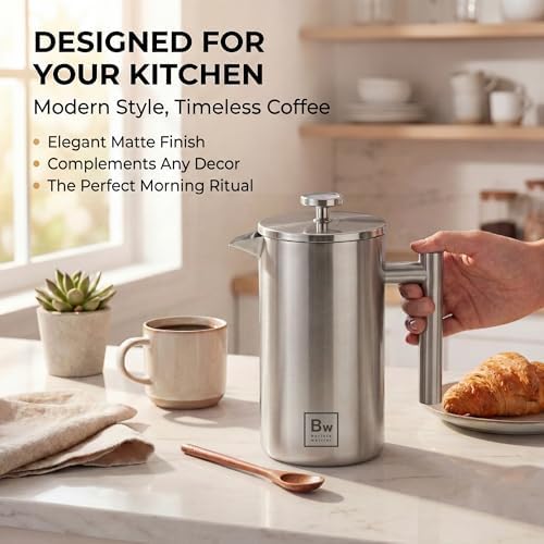 Barista Warrior French Press Coffee Maker - Double-Wall Stainless Steel Insulated French Press with Built-In Thermometer, Dual Filters Coffee Maker with Wooden Spoon - Silver