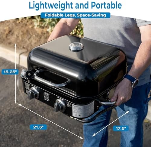 Kenmore Portable Propane Gas Grill - Tabletop BBQ Grill with Warming Rack, 2 Stainless Steel Burners with 14,000 BTUs, for Outdoor Kitchen, Camping, Black