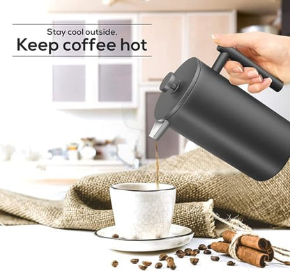 French Press Coffee Maker,Stainless Steel Double Wall Insulated Coffee Press 34 oz,4-8 Cups, Portable Hot Cold Brew Teapot Cafetera for Coffee Bar Accessories Kitchen Camping (Black,34oz)