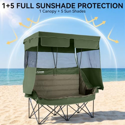 Huskfirm Double Camping Chair with Canopy Shade Folding Camping Couch Green
