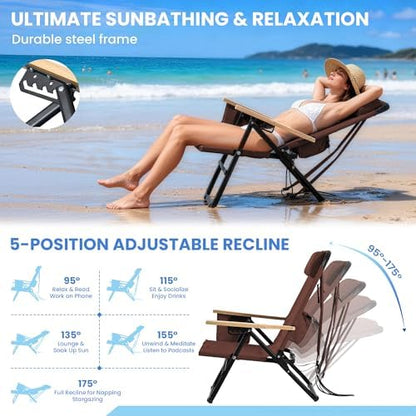 2 Pack Premium 5-Position Reclining Camping Chair - Portable Folding Lightweight Outdoor Chair with Wooden Armrests, Headrest & Pockets, 350lbs Heavy Duty for Beach, Patio, Backyard, Coffee