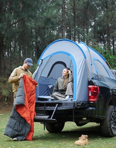 JOYTUTUS Truck Tent, Portable Truck Bed Tent with Rainfly, Truck Tent for 5.0'-5.2' with Aluminum Pole, Waterproof PU2000mm Double Layer for 2 Person - Blue