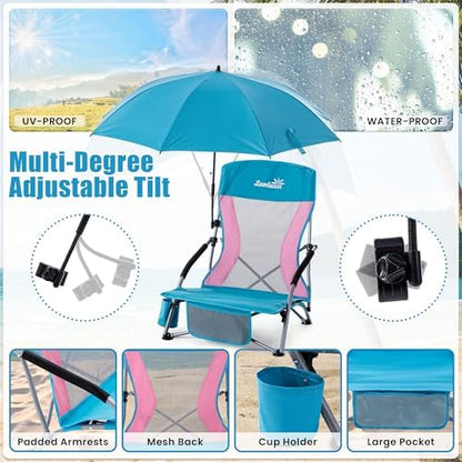 Lamberia Folding Beach Chair with Umbrella for Adults, Portable Low Beach Chairs with 300lbs Capacity, Lightweight Fodable Camping Chair for Travel, Picnic, Concert & Outdoor Activities, Blue-Pink