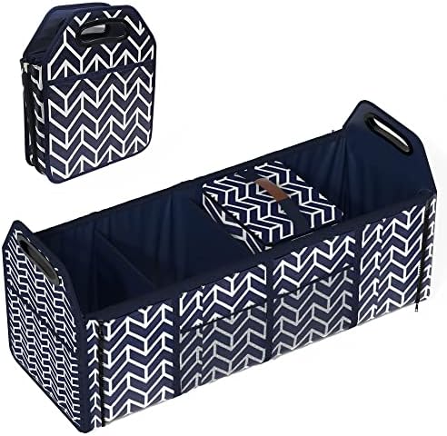 Trunk Organizer for car, Foldable Car Storage Bag Portable Insulation Cooler Bag Collapsible Vehicle Organizer Divider Storage Totes with 4 Compartment Cargo Tote for Groceries Caddy SUV, Navy Blue