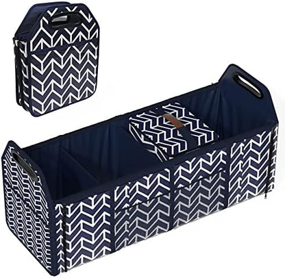 Trunk Organizer for car, Foldable Car Storage Bag Portable Insulation Cooler Bag Collapsible Vehicle Organizer Divider Storage Totes with 4 Compartment Cargo Tote for Groceries Caddy SUV, Navy Blue