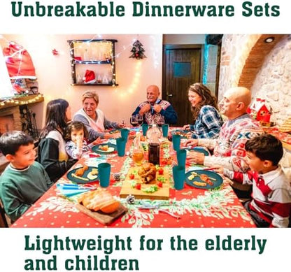 Green Unbreakable Plates and Bowls Sets Microwave and Dishwasher Safe,Dark Green Dinnerware Sets for 8,Christmas Reusable Plastic Dishes Set Lightweight for Elderly Kitchen Adults Camping Outdoor