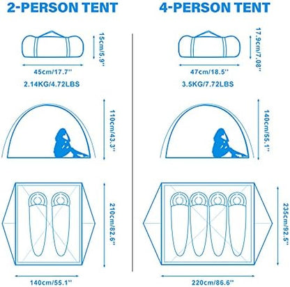 BISINNA 2/4 Person Camping Tent Lightweight Waterproof Backpacking Tent
