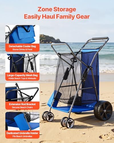 VEVOR Beach Cart, 165LBS Load Capacity, Portable Folding Beach Wagon Dolly with 10" Solid Wheel for Sand, Insulated Cooler Bag, Large Mesh Bag&Umbrella Holder for Outdoor Camping Fishing