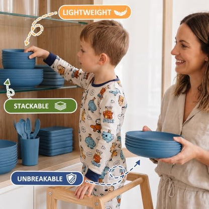 PYRMONT Wheat Straw Dinnerware Sets 28 Pcs Bowls and Plates Set(Blue)