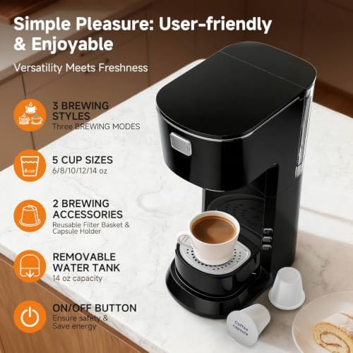 Coffee Maker, Single Serve Brewer for K Pods & Ground-Black