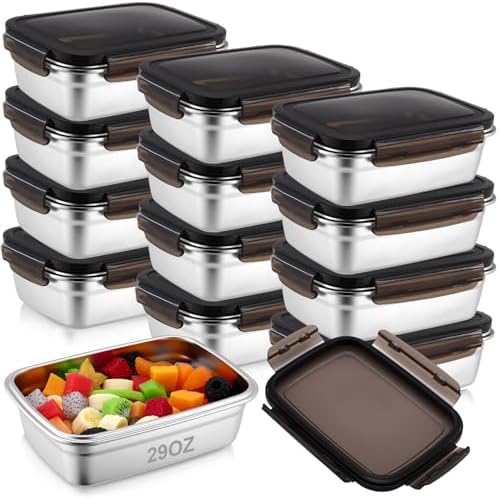12 Pcs 29oz/ 850 ml 304 Stainless Steel Food Containers with Lid, FDA Registered Airtight Lunch Container Reusable Meal Prep Storage Box Freezer/Dishwasher Safe for Home Kitchen