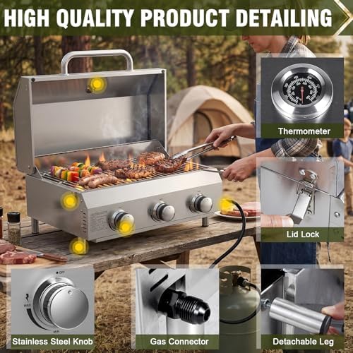 Bestfire 3-Burner Tabletop Gas Grill, 30,000 BTU Portable Propane Grill, Heavy-Duty Thickened Stainless Steel Grates & Knobs, Compact & Detachable Legs for Camping, RV&BBQ