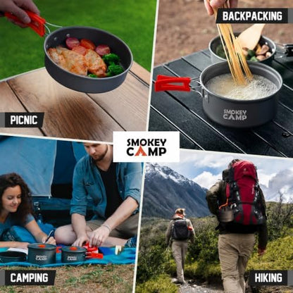 Smokey Camp Camping Cookware Mess Kit Set with Stove - Backpacking Camping Pots and Pans Set, All in One Non-Stick Camping Cooking Set, Portable Stove, Hiking, Picnic, Outdoor & Camping Cookware Set