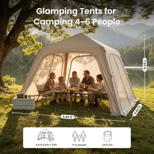Inflatable Tents for Camping, Large Blow Up Tent with Hand Pump, Easy Setup InflatableTent 4 Season Tent, Waterproof Oxford Air Glamping Tents for Camping Adult 4/6/8/10/12 Person