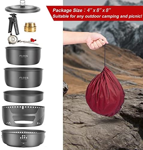ALOCS 11pc Lightweight Camping Cookware Set with Gas and Alcohol Stove
