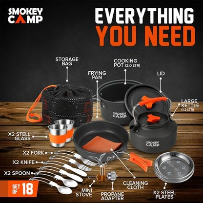 Smokey Camp Camping Cookware Mess Kit Set with Stove - Backpacking Camping Pots and Pans Set, All in One Non-Stick Camping Cooking Set, Portable Stove, Hiking, Picnic, Outdoor & Camping Cookware Set