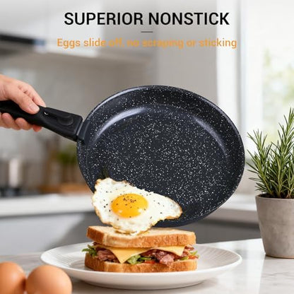 Ammeloo 21-Piece Ceramic Pots and Pans Set Non Stick with Detachable Handles and Egg Frying Pan, Non-Toxic Cookware, Induction Ready, Oven Safe, Stackable for Storage, Black Speckled
