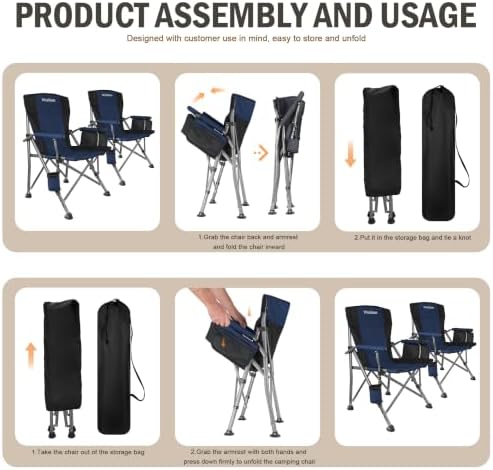 2 Pack Folding Camping Chair with Cup Holder and Storage Bag,Heavy Duty Supports 400 LBS,Portable Outdoor Chair for Camp,Lawns,Travel,Fishing,Blue