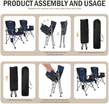 2 Pack Folding Camping Chair with Cup Holder and Storage Bag,Heavy Duty Supports 400 LBS,Portable Outdoor Chair for Camp,Lawns,Travel,Fishing,Blue