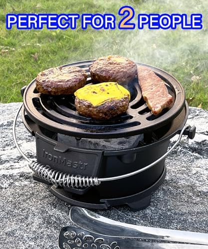 IronMaster Hibachi Grill, 100% Cast Iron, Tabletop Small Portable Charcoal Grill for Outdoor Camping - 2 Heights, Air Control, Coal Door, Ideal for 2 People
