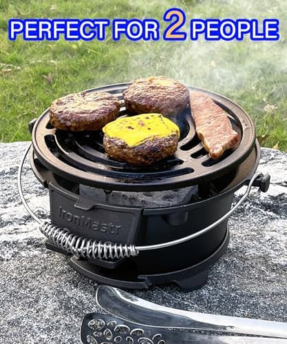 IronMaster Hibachi Grill, 100% Cast Iron, Tabletop Small Portable Charcoal Grill for Outdoor Camping - 2 Heights, Air Control, Coal Door, Ideal for 2 People