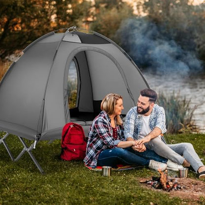GYMAX 2-Person Tent Cot, 3 in 1 Folding Off-Ground Cot Bed Combo with Portable Wheeled Bag, Waterproof Rainfly, 2 Mesh Doors & Skylight Roof for Hiking, Backpacking, Outdoor