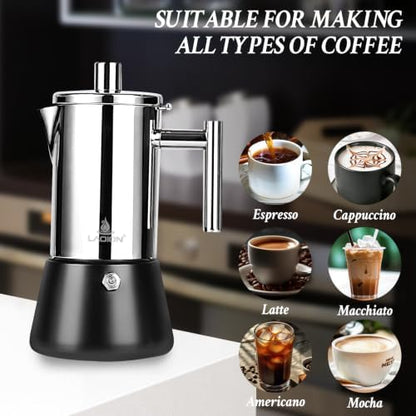 LAOION Stovetop Espresso Maker, 4Cup 6.8 oz Moka Pot, Stainless Steel