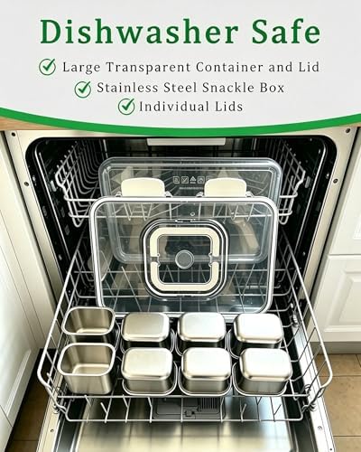 Snackle Box Container, Stainless Steel Divided Serving Tray with Lid and Handle,Large Snack Tray for Fruit Veggie, 8-Compartment Snack Platter for Travel Party Beach Picnic,with Ice Pack(Silver White)