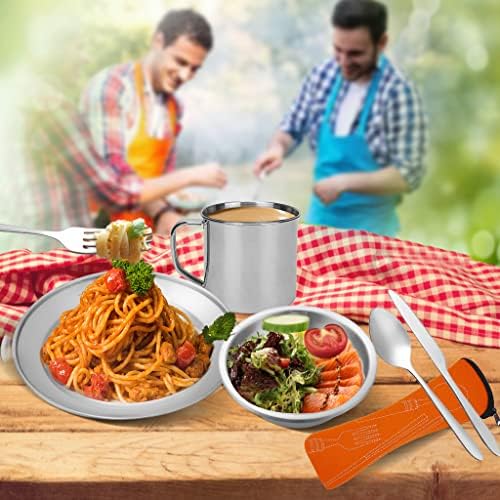 Stainless Steel Camping Cutlery Set - 8 Piece, Includes Spoons, Mugs, Bowls, Plates, Rags & Organizer Straps - Easy to Carry for Backpacking, Camping, Hiking and Picnics