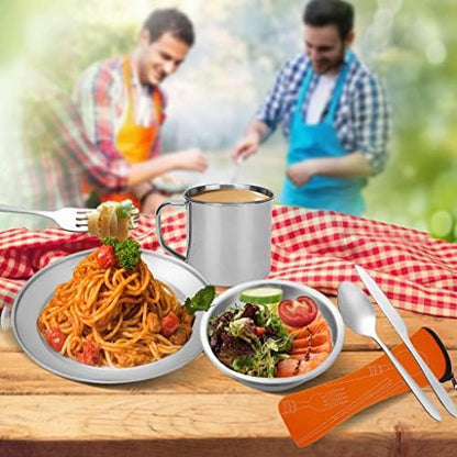 Stainless Steel Camping Cutlery Set - 8 Piece, Includes Spoons, Mugs, Bowls, Plates, Rags & Organizer Straps - Easy to Carry for Backpacking, Camping, Hiking and Picnics