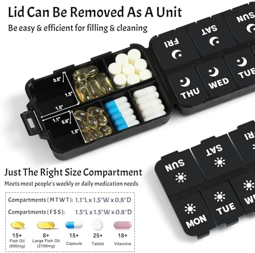 Foldable Portable 7 Day Pill Organizer 2 Times a Day, AM PM Weekly Pill Box