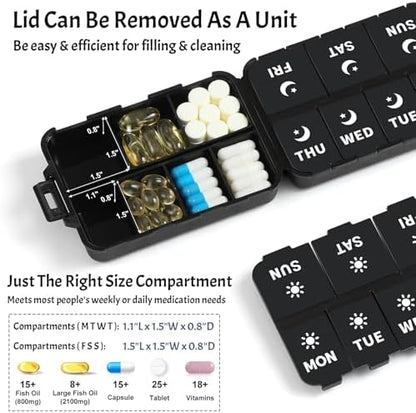 Foldable Portable 7 Day Pill Organizer 2 Times a Day, AM PM Weekly Pill Box