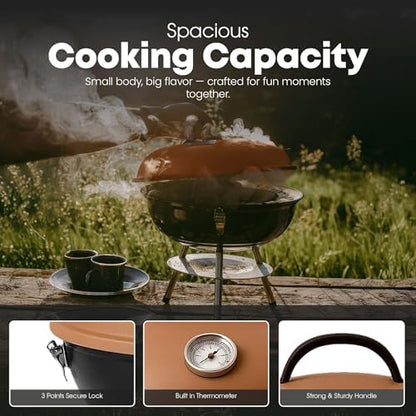 GasOne 14-inch Portable Charcoal Barbecue Grill with Thermometer Lux Brown