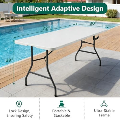 6FT Folding Table, Heavy Duty Plastic Fold-in-Half Utility Table with Handle, Portable Camping Picnic Table with Steel Legs for Indoor Outdoor Party, Dining, White,2 Pack