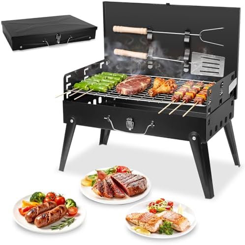 Portable Charcoal Grill, Small Foldable BBQ Suitcase Grill with Storage Shelf, Barbecue Grill for Outdoor Camping Picnics Garden Backyard Patio Parties, 16.7"×10"×17.7"